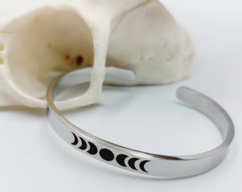 Moon Phase Bangle Bracelet (Stainless Steel) - gothic goth jewelry moonwitch lunar witch salem waning waxing full new hecate hekate night