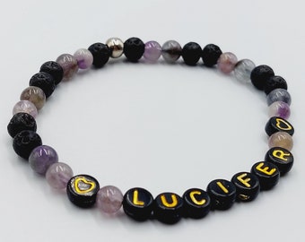 Dog / Cat Collar with Lava Stone & Amethyst Crystal Beads (Personalised Name in Black and Gold Letters for Small Dog Breed or Cats)