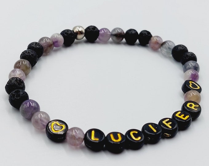 Dog / Cat Collar with Lava Stone & Amethyst Crystal Beads (Personalised Name in Black and Gold Letters for Small Dog Breed or Cats)