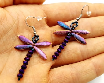 Purple Dragonfly Beaded Earrings