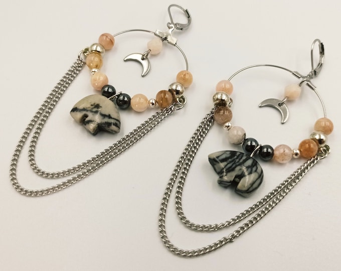 Bear Earrings with Morganite  crystal and Picasso marble.