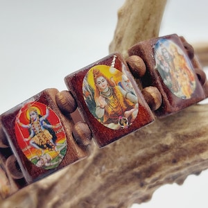 Bracciale devotivo degli dei indù (legno) divinità dell'induismo Immagini Shiva Kali Durga Parvati Vishnu Krishna Brahma Hanuman Om ॐ regalo di gioielli in preghiera