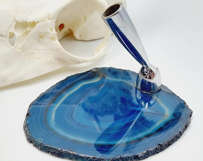 Vintage Writing Feather / Quill Stand on Blue Agate Crystal