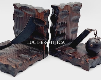 Vintage Medieval Wooden Bookends (Morningstar & Sickle)