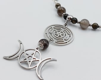 Hecate Triple Moon Goddess Necklace with Black Moonstone Crystals & Strophalos Wheel