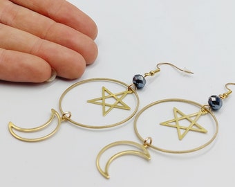 Crescent Moon Pentagram Earrings (Copper)