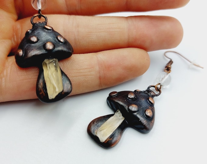 Electroformed Magic Mushroom Earrings with Lemurian Seedcrystals (Copper)