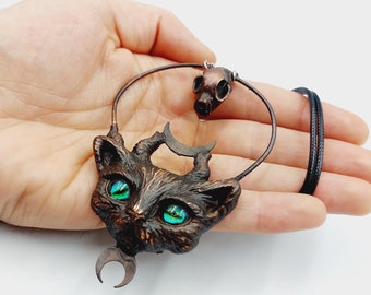Electroformed Horned Cat Pendant with Skull & Crescent Moons (Copper)