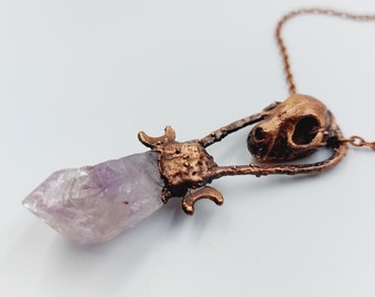 Electroformed Triple Moon Cat Skull Necklace with Amethyst Crystal (Copper)