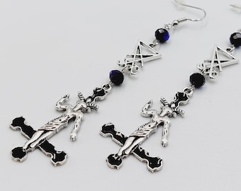 Luciferian Inverted Cross Baphomet Earrings - Black Sigil of Lucifer occult left hand path satanic jewelry goat of mendes crucifix gift