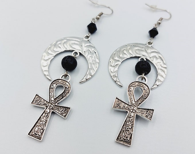 Egyptian Ankh Crescent Moon Earrings