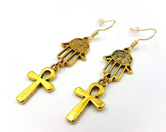 Mini Hamsa Ankh Earrings (Available with 14k gold Earhooks)