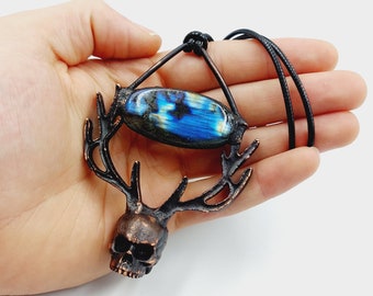 Electroformed Cernunnos Skull Necklace with Labradorite Crystal (Copper)