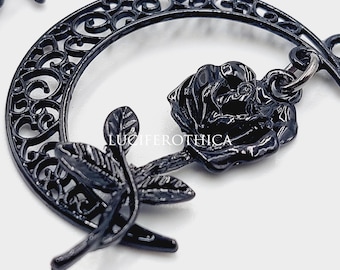 Gothic Black Rose & Crescent Earrings