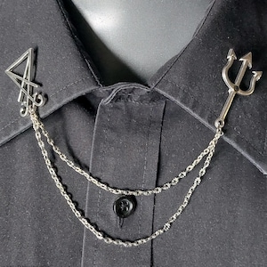 Sigil of Lucifer Trident Collar Chain Pin - Luciferian Double Chain lapel Pin Gothic Collar Shirt Morningstar Robe Brooch Venus ritual gift