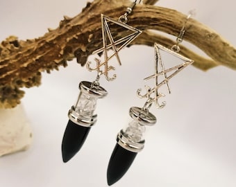 Luciferian Crystal Pendulum Earrings (Onyx & Crystal Quartz)