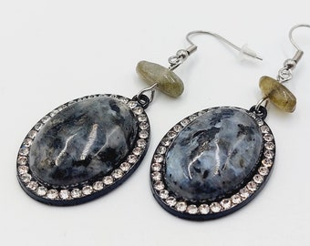 Labradorite Rhinestone Earrings - Spiritual crystal healing jewelry polished raw oval shaped gemstone positive energy vibe gift pure crystal