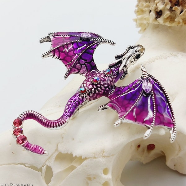 Purple Dragon Pin Brooch - Gothic Mythical dragon serpent draco draconian safety clip stud button gothic gift violet winged fire creature