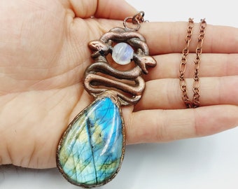 Electroformed Serpent Necklace with Labradorite and Moonstone (Copper)