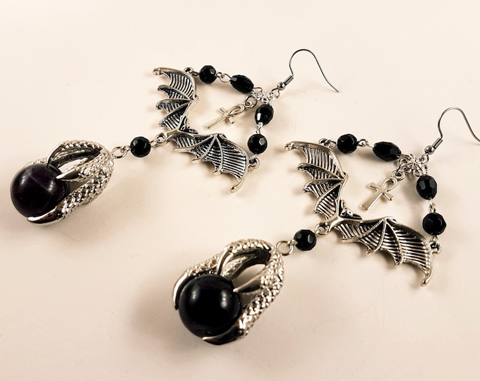 Vampire Bat Amethyst Claw Earrings