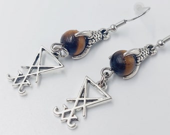 Mini Sigil of Lucifer Earrings with Tiger Eye Sphere Claws