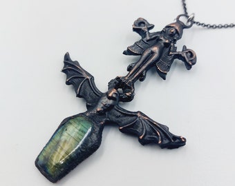 Electroformed Lilith | Inanna | Ishtar | Ereshkigal Night Creature Necklace with Labradorite Crystal (Copper)