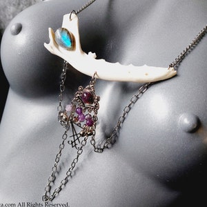 Luciferian Jawbone Necklace with Amethyst & Labradorite Crystal (Red Fox) - Occult left hand path sigil of lucifer ave luciferi excelsi gift