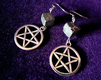 Pyrite Cube Pentagram Earrings