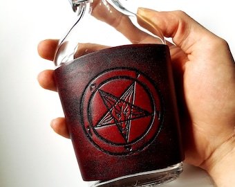 Leather Sigil of Baphomet Glass Bottle Flask