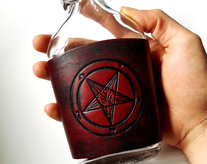 Leather Sigil of Baphomet Glass Bottle Flask