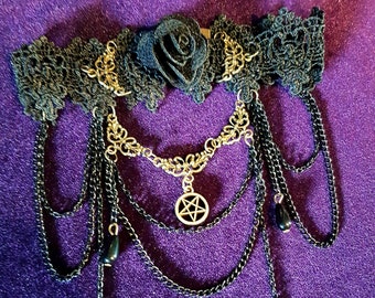 Victorian Black Rose Pentagram Choker (2 Styles)