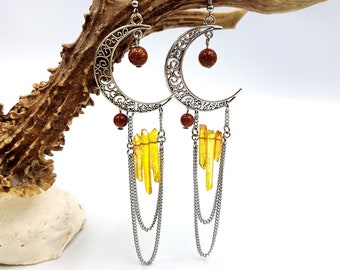 Crescent Moon Sunset Aura Quartz Crystal Earrings