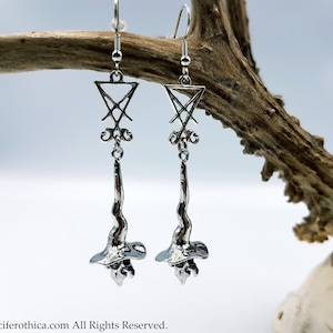 Luciferian Witch Earrings - occult left hand path sigil of lucifer goth long chain
