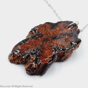 Può includere: Un ciondolo in legno marrone con una catena d'argento. Il ciondolo ha un motivo a venature di legno naturale e una finitura marrone scuro.