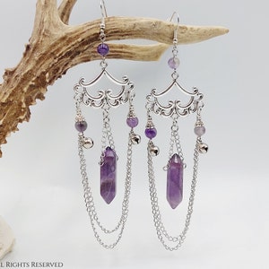 Amethyst Crystal Chandelier Earrings - spiritual bells crystal healing jewelry polished double pointed gemstone shards gift energy vibe