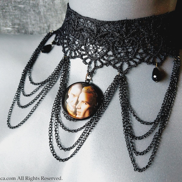 Gothic Spike & Angel  Vampire Choker - Fan Art Buffy The Vampire slayer angelus spike picture cameo lace neckwear black elegant chains gift