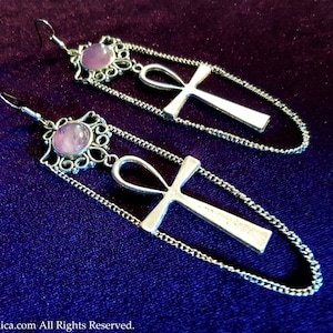 Ankh Amethyst Earrings - big ankh symbol with amethyst gemstones and chains, gothic occult vampire