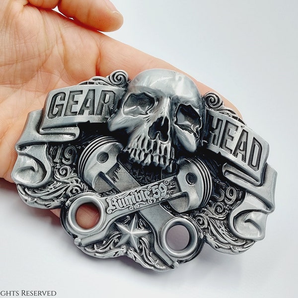 Skull Belt Buckle (GEARHEAD - Rumble59) - gunmetal gothic mechanic engineer biker piston tools goth skully heavy metalhead buckles gift