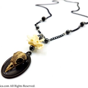 Gothic Raven Bone Pendant with Hematite & Eagle Eye Stones - gothic occult resin bird skull victorian cameo skull pendant gift necklace