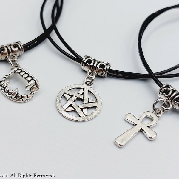 Fine Leather Gothic Charm Bracelets (3 Options - Pentagram / Egyptian Ankh / Vampire Bite) - Luciferothica jewelry gift bracelet