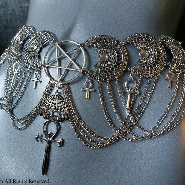 Vampir-Ankh-Hüftkettengürtel – ägyptischer Gürtel, okkulter Goth, Gothic-Auge des Horus, Ankh-Symbol, Kettengürtel, Mini-Glocken, Bauchtanz, umgekehrtes Pentagramm