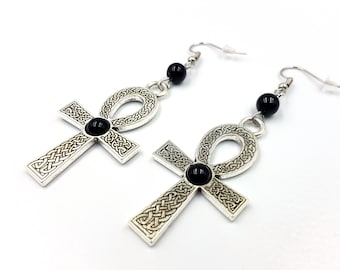 Ankh Earrings (3 styles - Black Agate | Moss Agate | Eagle Eye)