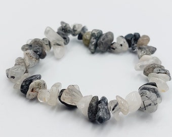 Tourmaline & Rutilated Quartz Bracelet - Crystal Jewelry healing clear and black mountain quartz stone chips healing gift