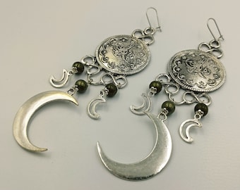 Lunar Witch Crescent Moon Earrings with Pyrite / Turquoise or Tourmaline (3 options)