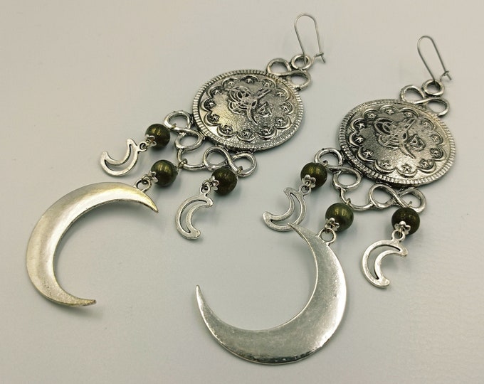 Lunar Witch Crescent Moon Earrings with Pyrite / Turquoise or Tourmaline (3 options)