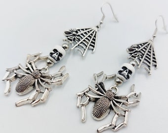 Spider Cobweb Skull Earrings