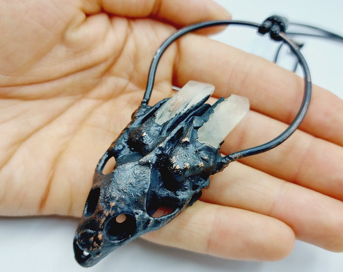 Turtle Skull Necklace with double Mountain Crystal Quartz Shards (Electroformed Copper)