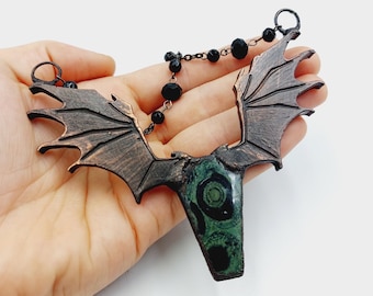 Electroformed Vampire Coffin Batwing Necklace with Kambaba (Copper)