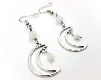 Crescent Earrings with Rainbow Moonstone