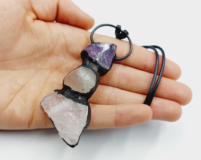 Golden Triangle Necklace (Amethyst - Rose Quartz - Crystal Quartz) - (Electroformed Copper)